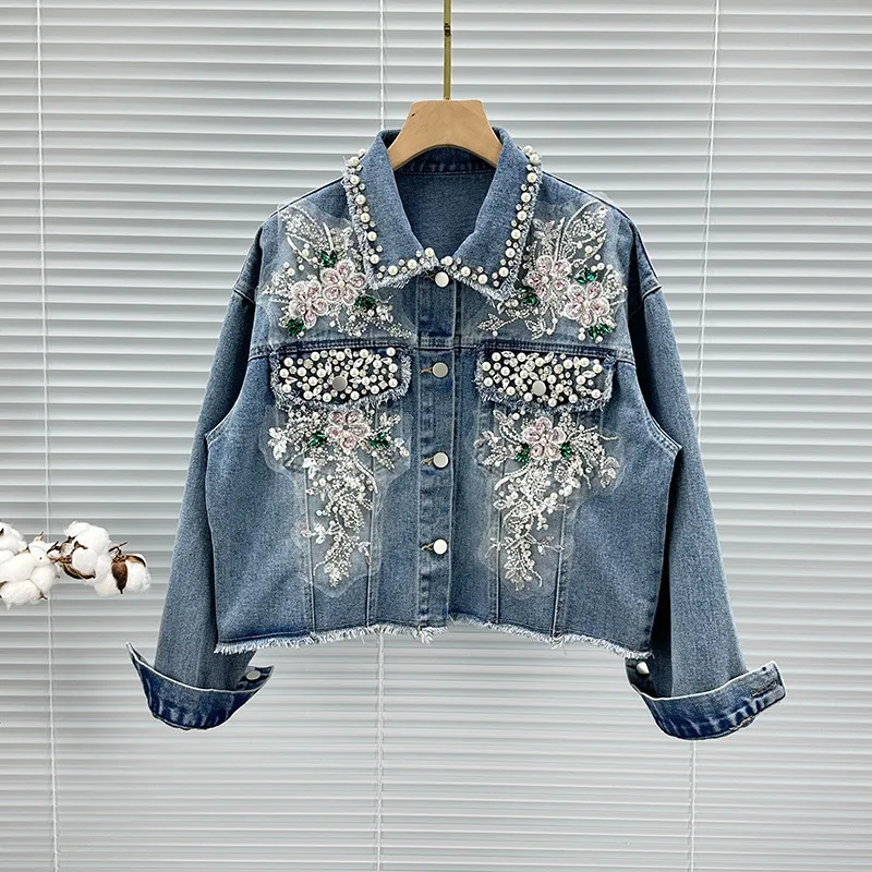 Blue Casual Short Denim Jacket Fashion Pearl Beaded Sequin Flowers Spring Women Loose Korean Lapel Long Sleeve Jeans Jacket Coat