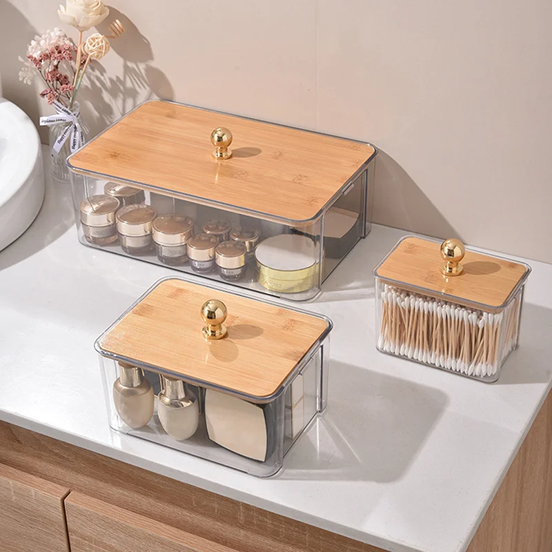 Bamboo Wooden Cover Transparent Storage Box Bedroom Living Room Desktop Storage Box With Cover Dustproof Storage Box