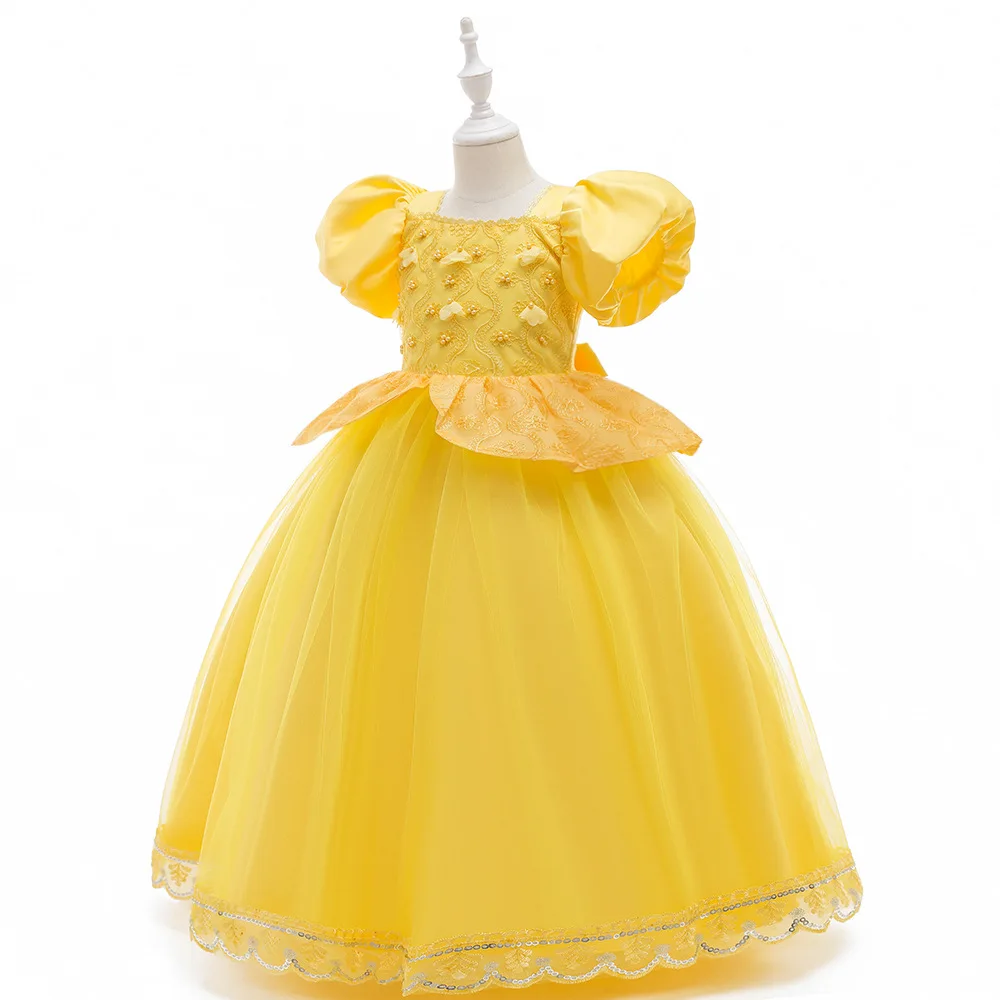 Girls Birthday Party Costume Yellow Pearl Sequin Lace Embroidery Princess Dress Disney Beauty And The Beast Cartoon Cosplay Sets