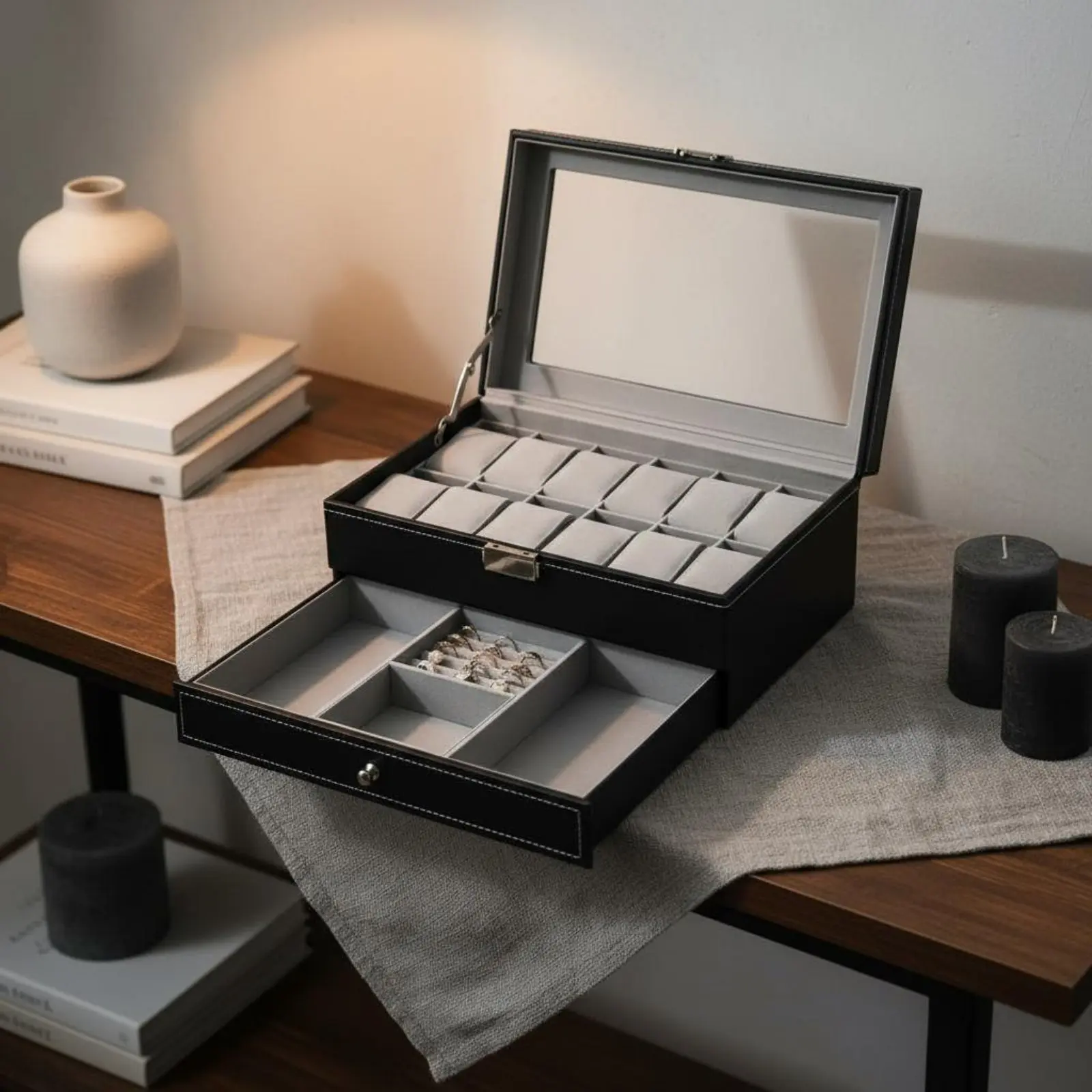 2-Tier Watch and Jewelry Box Soft Interior Lining 12-Compartment Watch Display Case Men's Valet Box Secure Metal Clasp for Women