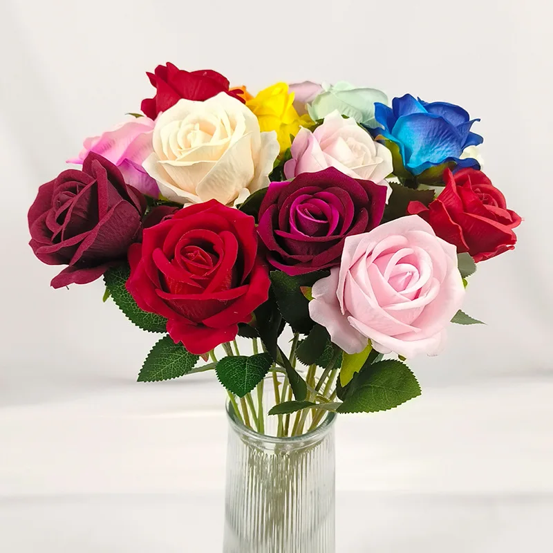 10PCS Valentine's Day Artificial Roses Velvet Flowers With Long Stem Fake Roses Bouquet DIY For Home Wedding Decor Ladies Gift