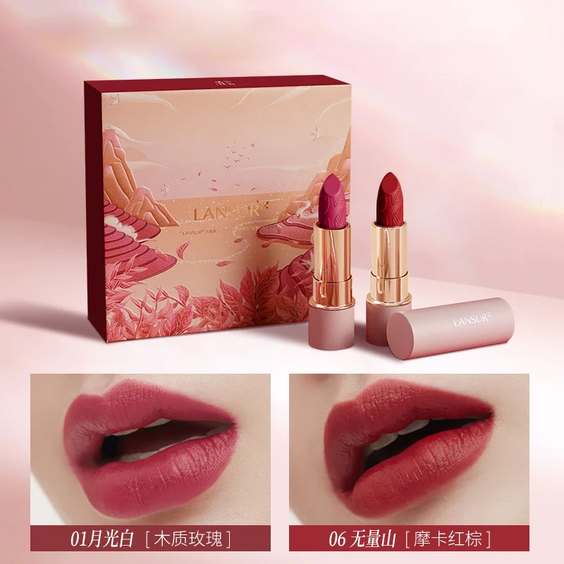 Lansur batom caixa de presente natal veludo retro vermelho marrom branco batom estilo nacional esculpido batom namorada pacote de 2 peças