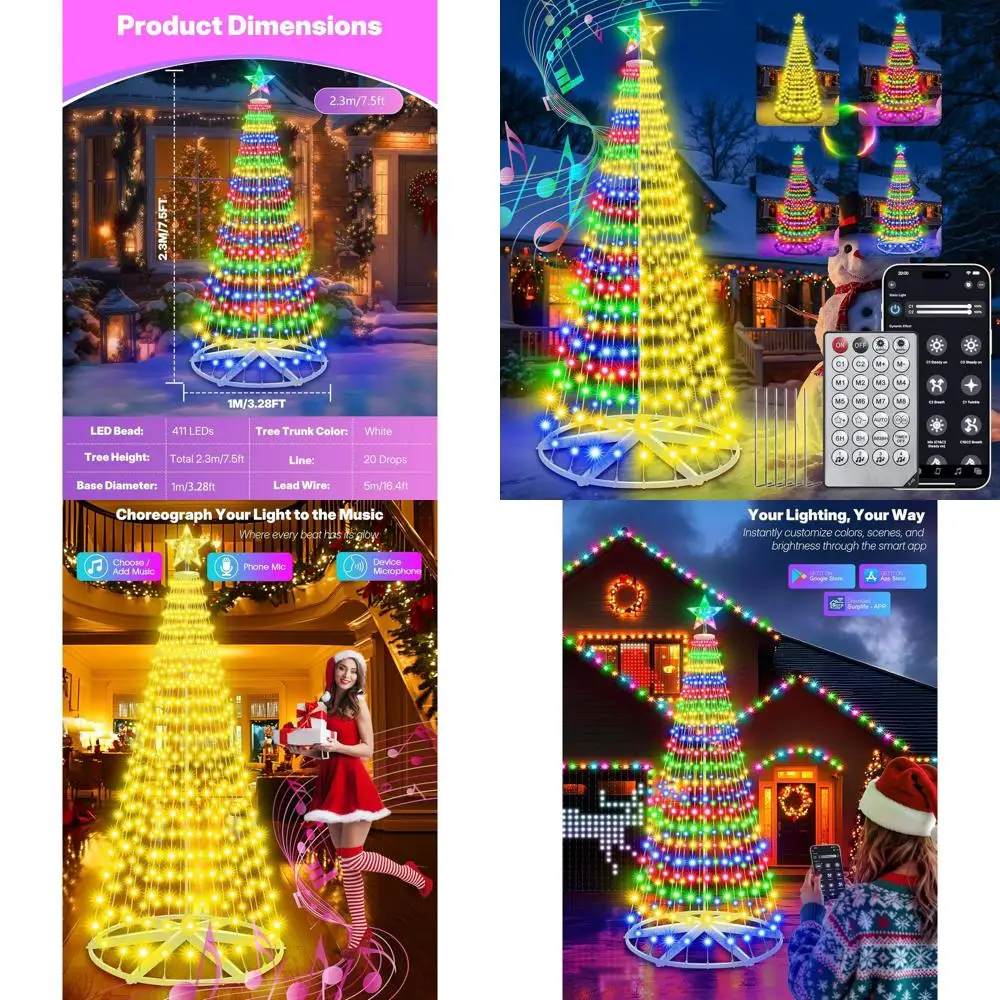 

LED Cone Christmas Tree - 7.5ft, 30+ Lighting Modes, 411 Colors, App & Remote, Timer, Music Sync, Indoor/Outdoor, White