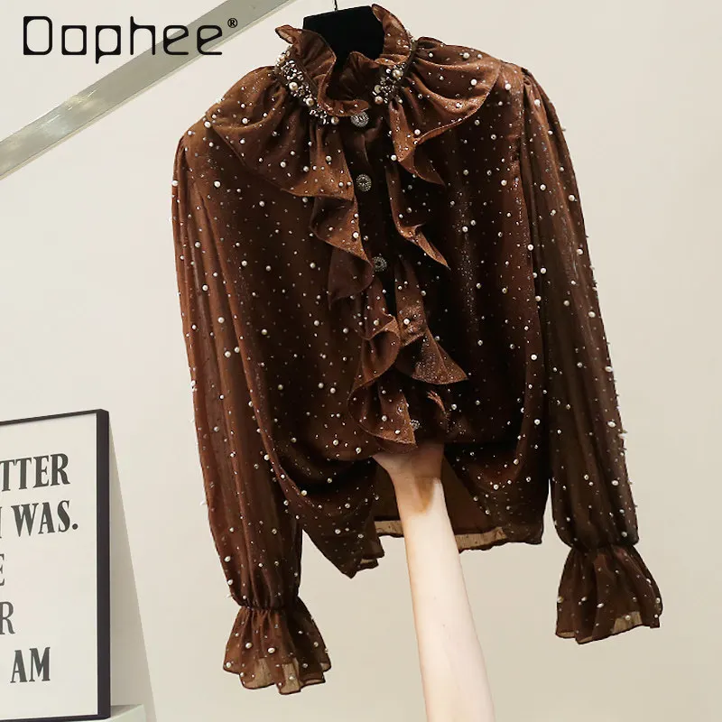 

Новая весенняя модная блузка из шифона в стиле ретро с тяжелой вышивкой бисером, в горошек, с рюшами и вставками, элегантная приталенная рубашка для женщин