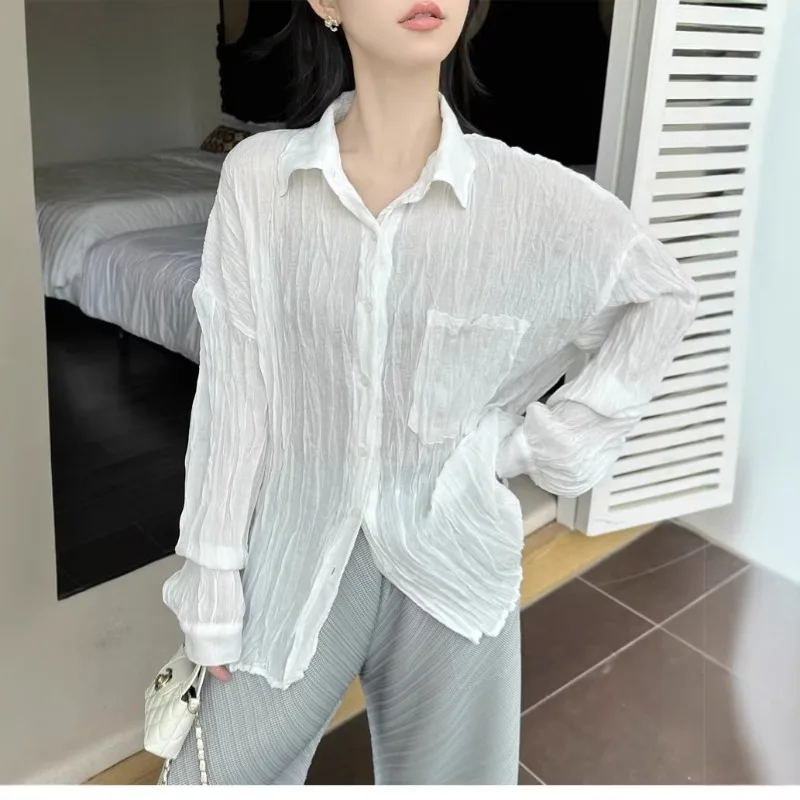 미야케 플리츠 심플 셔츠 여성용 2026 봄 신상 데일리 다용도 캐주얼 블라우스 솔리드 컬러 셔츠 긴팔 플리츠 의류