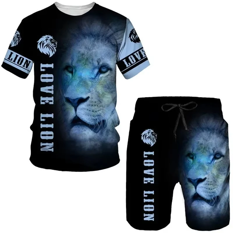 2025 Latest Men's Daily Leisure Sports Set Fashion Printed 3D Lion Pattern T-shirt Shorts Set Summer Leisure Breathable