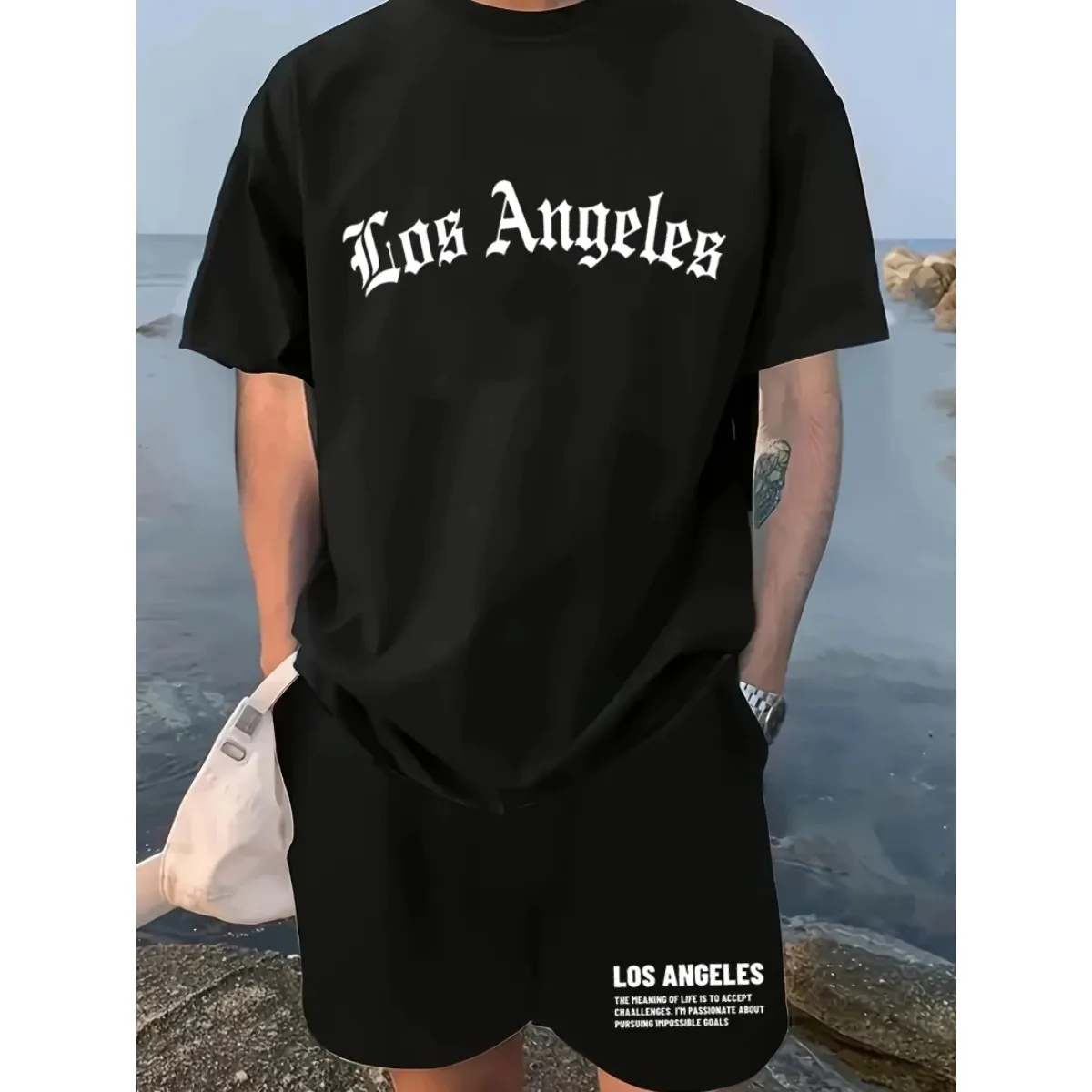 

Men's 2025 New Summer 100% Cotton Fashion Los Angeles Letter Printing Loose Large Casual Comfort T-Shirt Shorts Two-piece Set