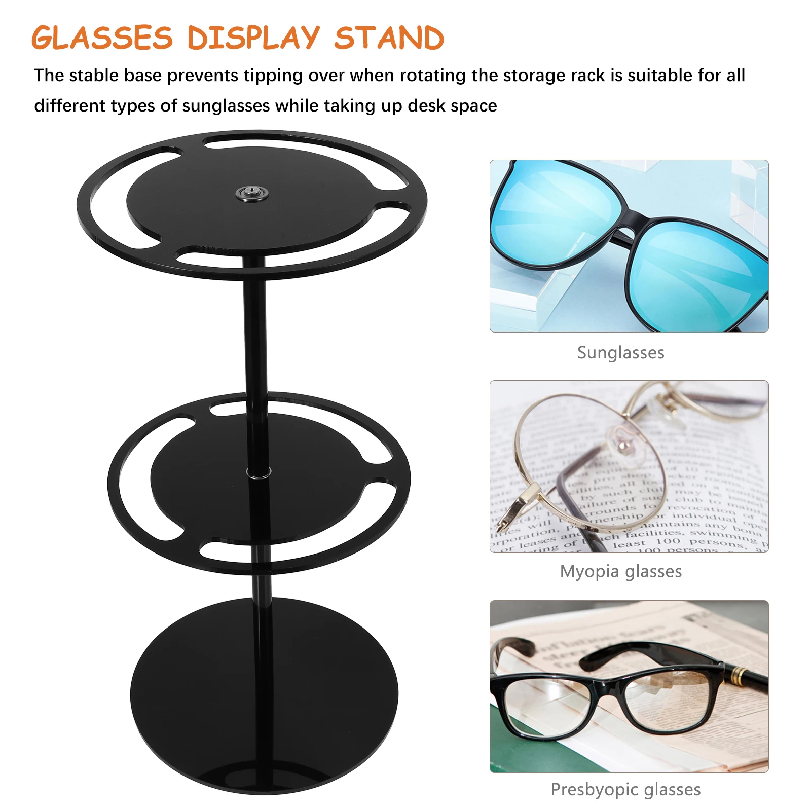 

2 Layers Acrylic Sunglasses Display Rack 360 Degree Rotating Eyewear Holder Desk Organizer Black Color Compact Design