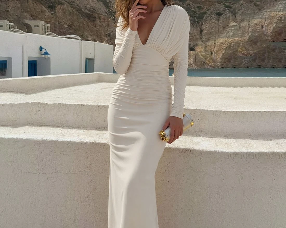 2025 Vestido sexy plisado con cuello en V y cintura ajustada para mujer