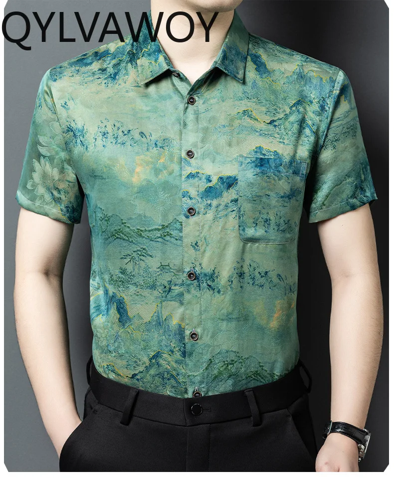 QYLVAWOY 100% Natural Mulberry Silk Shirts for Man Summer Shirts High Quality Men Clothing Retro Printed Short Sleeve Tops Lapel