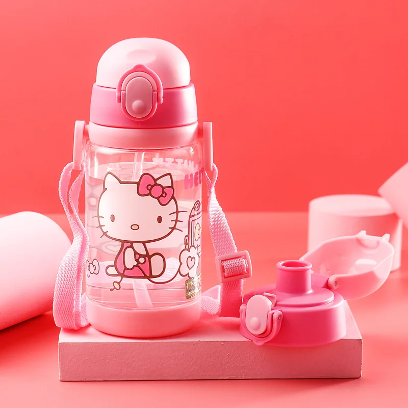 Kids Water Bottle Cartoon Cute Hello Kitty Water Bottles Kawaii Cups with Lids and Straws Outdoor Sports Water Bottle Plastic