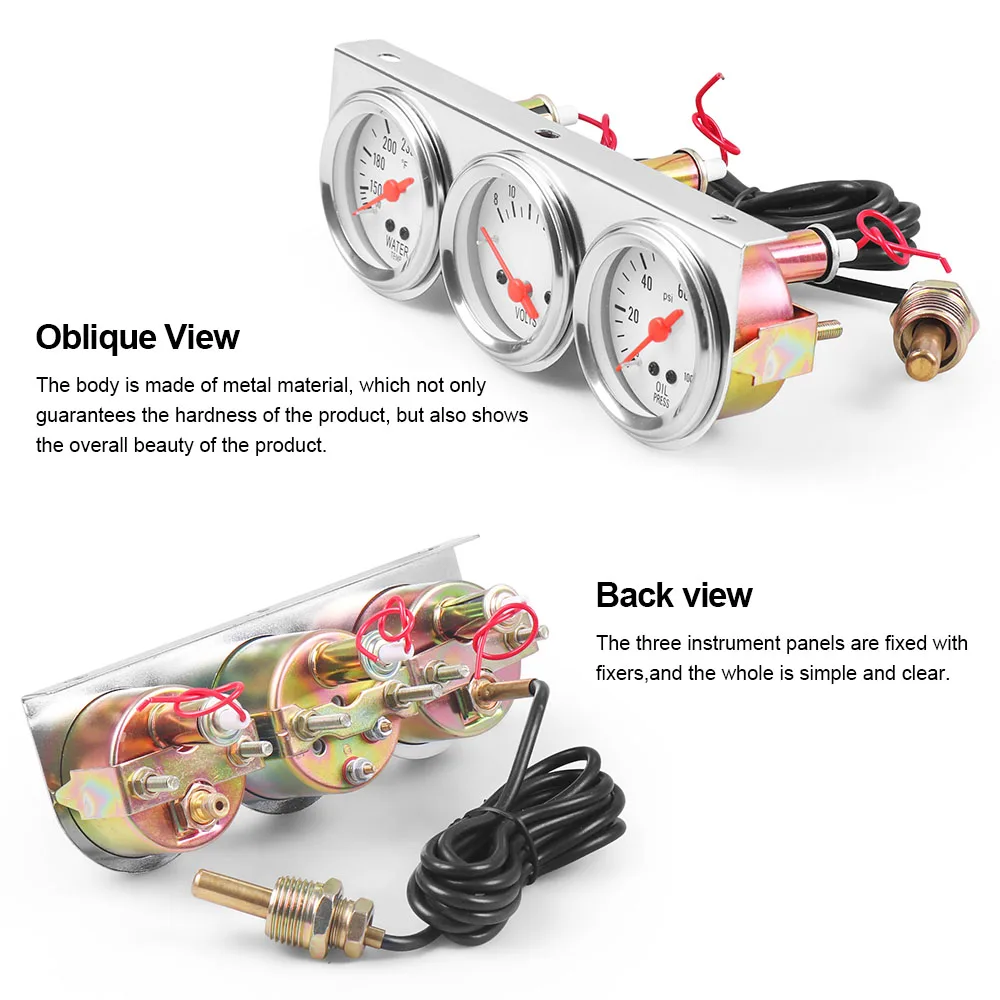 

2" Chrome Triple Auto Gauge Set Oil Pressure Water Temp Volt Meter with White Face Panel for Vehicle TT101373