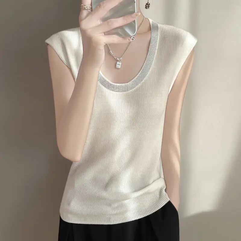 

Женская летняя простая свободная офисная женская однотонная футболка без рукавов с круглым вырезом, женские модные универсальные повседневные топы с бриллиантами