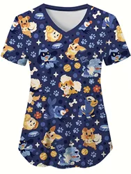 Uniforme medica per le donne cute Cat and Dog Print scollo a v uniforme clinica manica corta Patch Pocket top uniformi chirurgiche donna