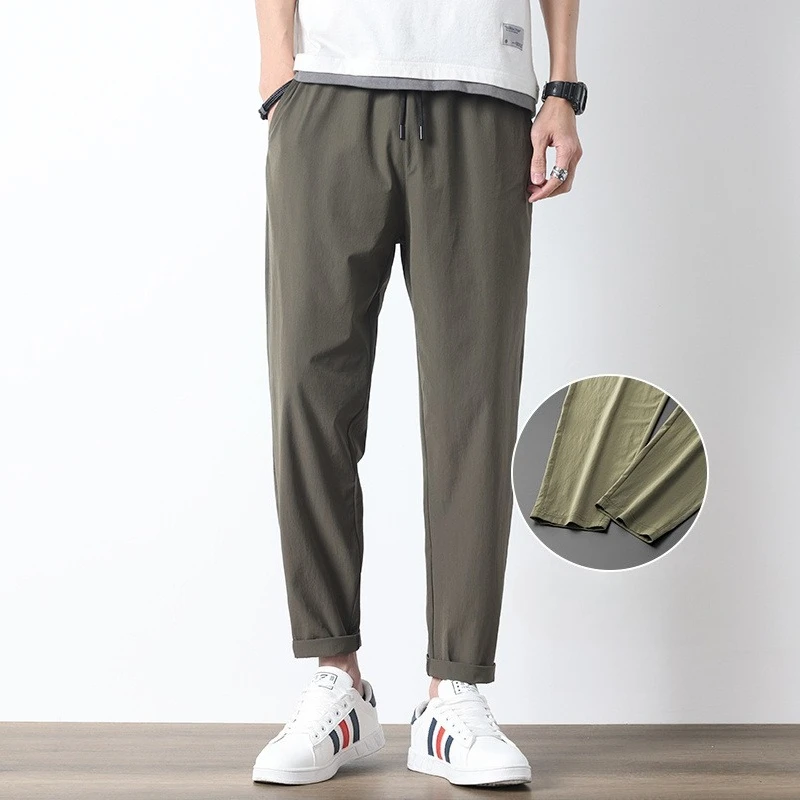 Men's Summer 2026 New Ice Silk Quick Dry Sports Pants Slim Fit Nine Points Casual Trousers