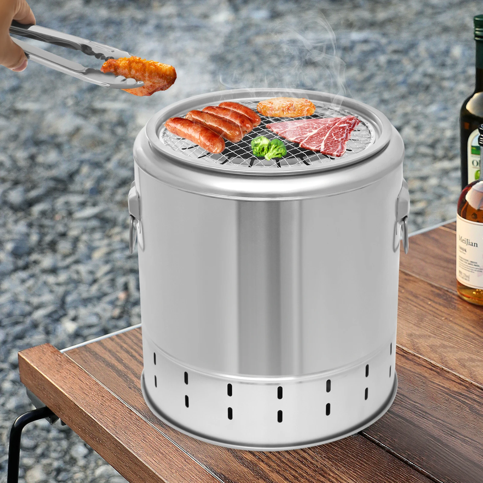 

Portable Smokeless Barbecue Barrel, Stainless Steel BBQ Grill with Charcoal Bucket Carrying Handle for Picnics Camping Traveling