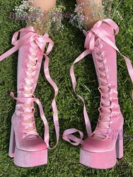 Stivali con plateau in nastro scamosciato rosa stivali con plateau in velluto a coste per feste per ragazze stivaletti al ginocchio in pizzo cavo nero con tacco grosso e frangia dolce scarpa carina