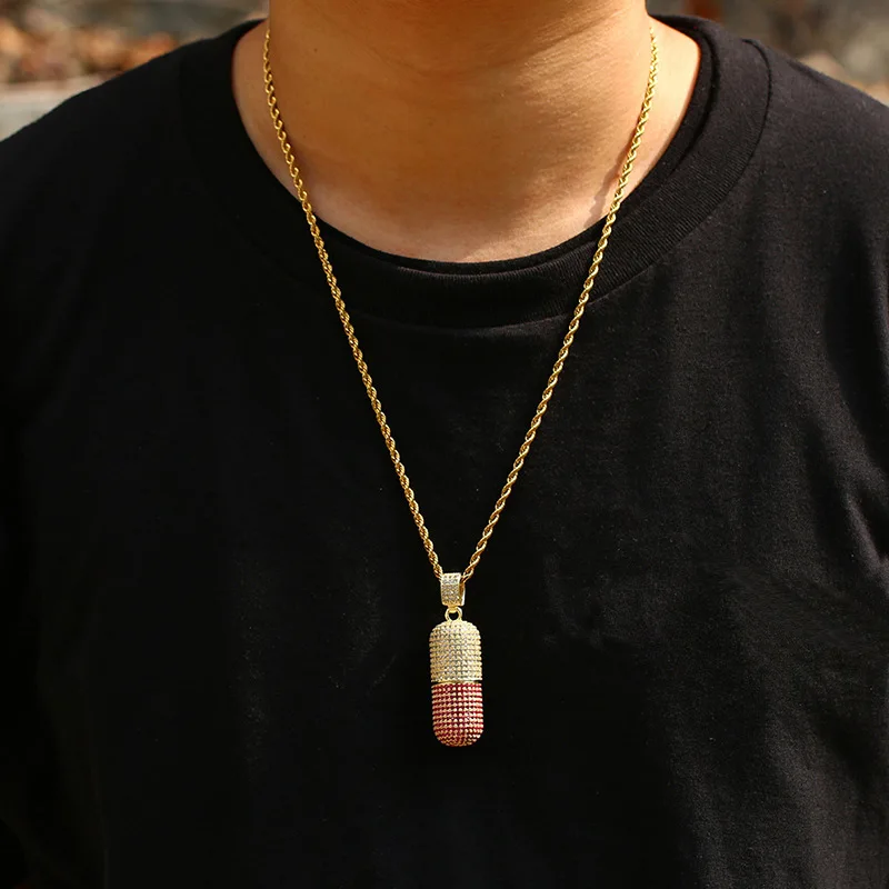 Full Diamond Pill Necklace Two Tone Capsule Pendant Hip Hop Punk Unisex Rapper Outfit Nightclub Accessory Medical Theme Gift