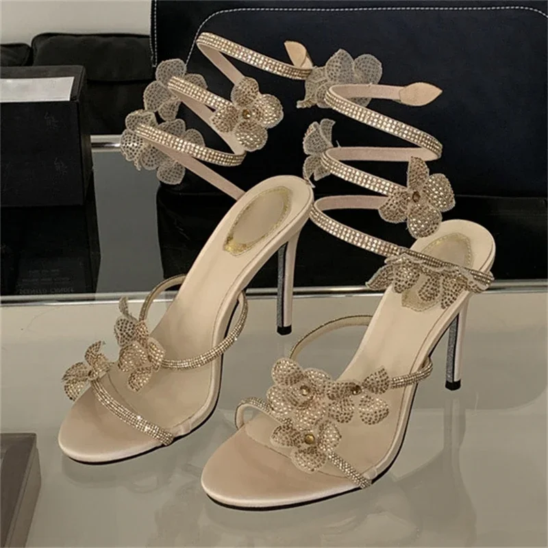 Women's Beige Rhinestone Floral Wraparound Heel Sandals,Open Toe Spiral Ankle Strap Stiletto Heels for Wedding Party,Dropshippin