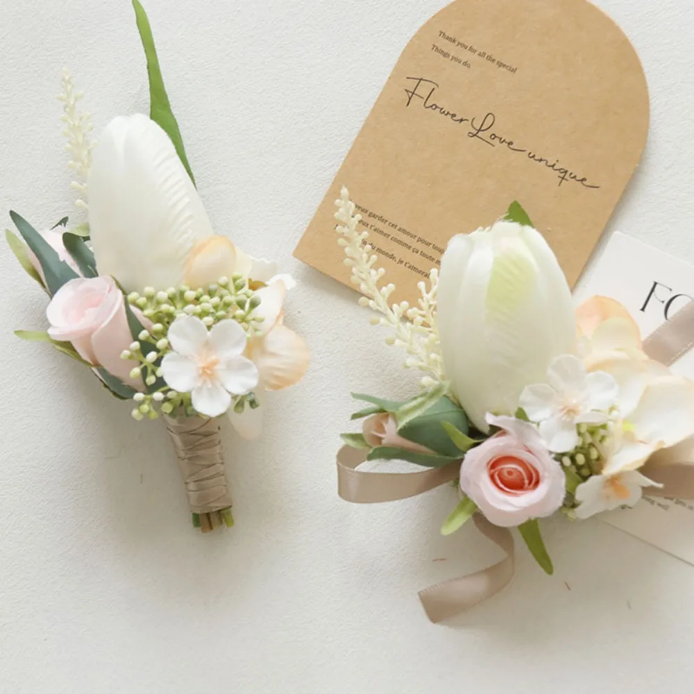 Tulip Corsage and Boutonniere Set for Wedding Prom Artificial Rose Flower Homecoming Corsage Boutonniere for Men Wedding