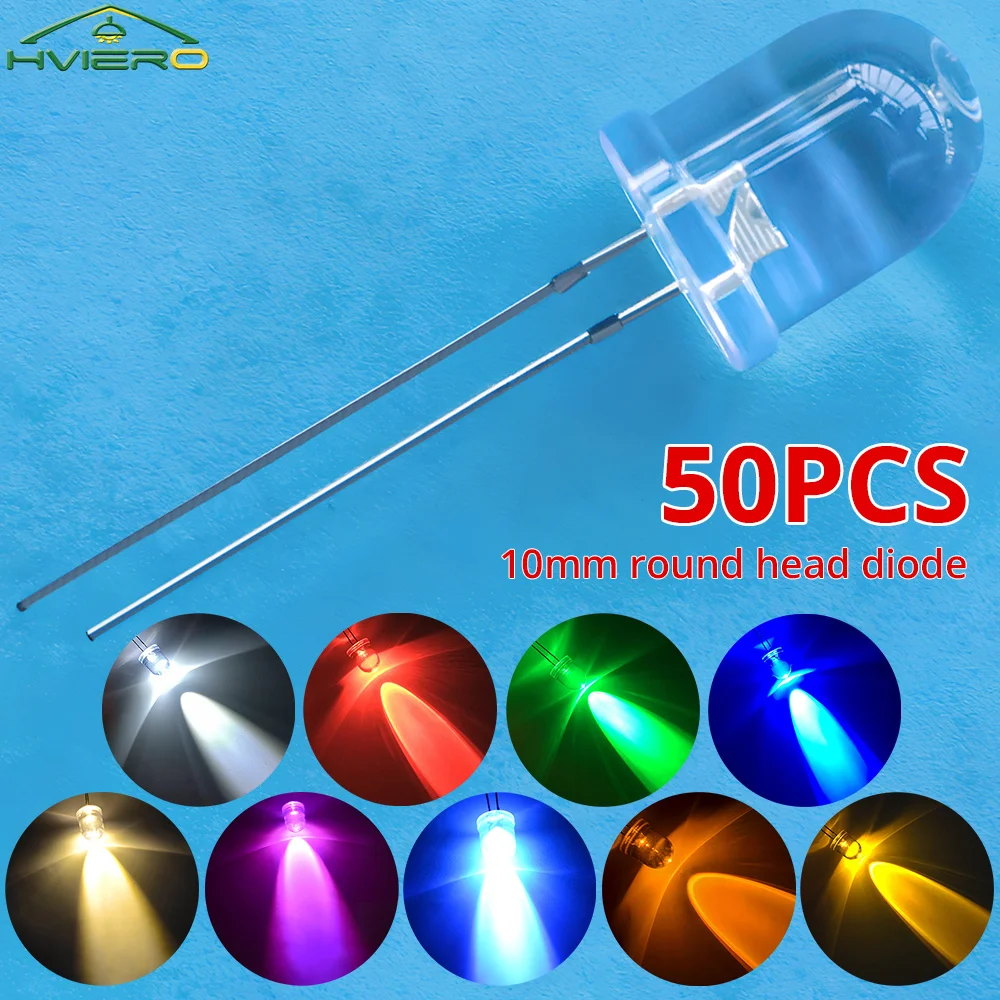 50Pcs 10mm Round Top Super Bright Lamp Beads Clear Emitting Diode LED White Red Green Blue Yellow UV Pink Orange Dome Light Bulb