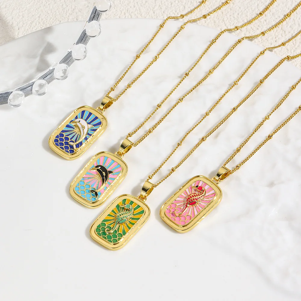 Elegant Fashion Retro Ocean Series Seahorse Dolphin Color Dripping Tarot Necklace Pendant Women's Accessories