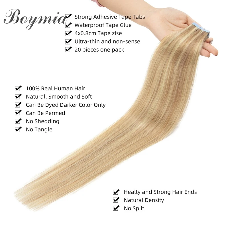 Boymia テープ人毛エクステンション 12 "-24" ナチュラルブラックマシンレミーテープヘアエクステンション目に見えないテープヘア 20 個