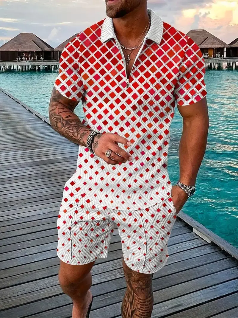Summer Sequin Splicing 3D Print Men\'s Zipper Collar Tracksuit Trend Polo Shirt Fashion Shorts 2pcs Sets Men\'s Streetwear Set