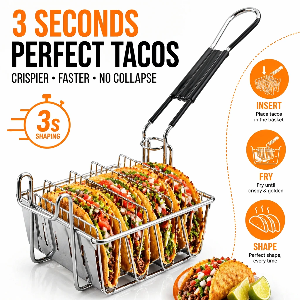 Stainless Steel Taco Fry Basket with Detachable Handle - Mexican Taco Deep Fryer Basket for Home Kitchen Restaurant