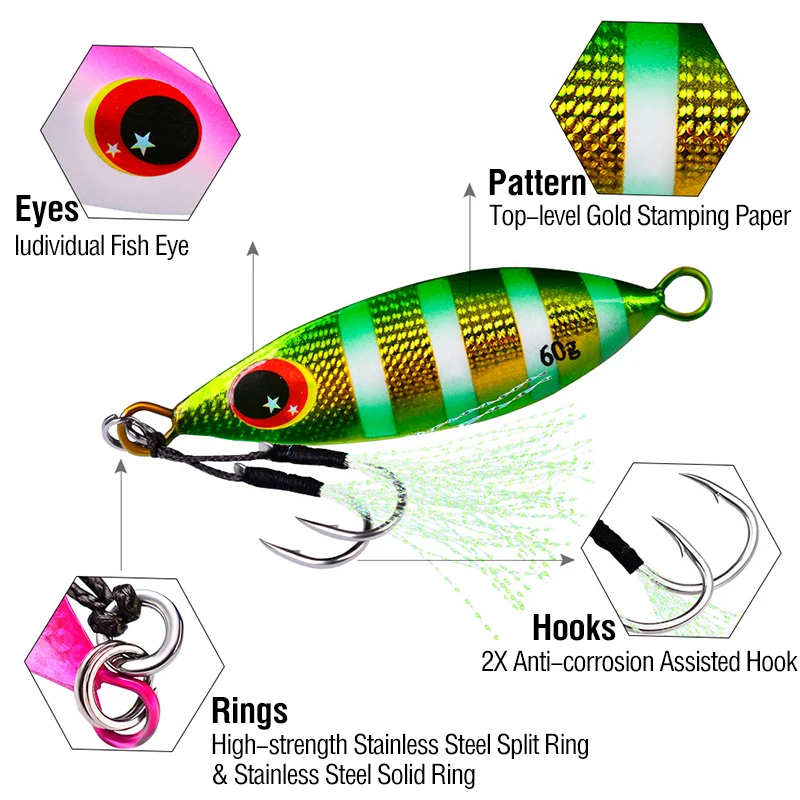 5Pcs/Boxed 10-60G Metal Slow Jig Artificial Sinking Casting Lure Fishing Trolling Lure 3D Eyes Fishing Bait with Assist Hooks