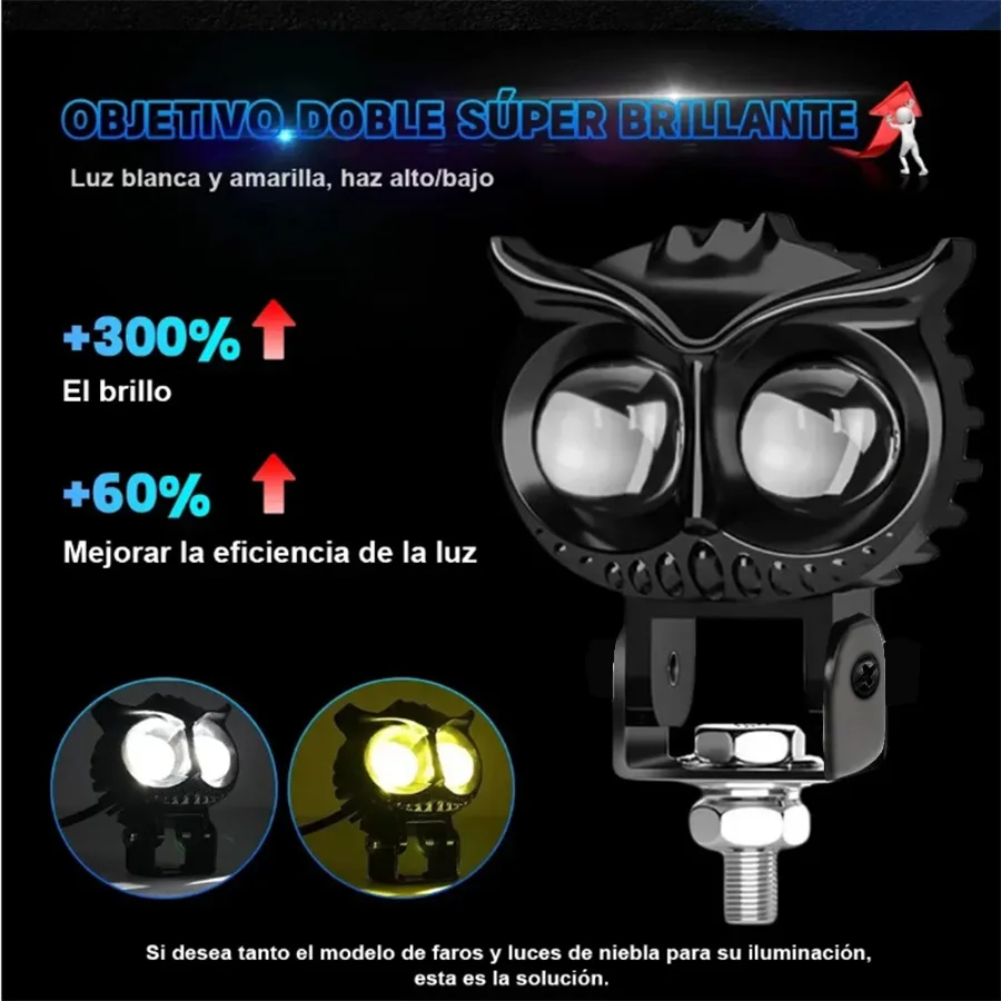 Owl Motorcycle Headlight Yellow And White Bicolor LED Spotlight Driving Auxiliary Fog Lamp Car UTV Truck image 6