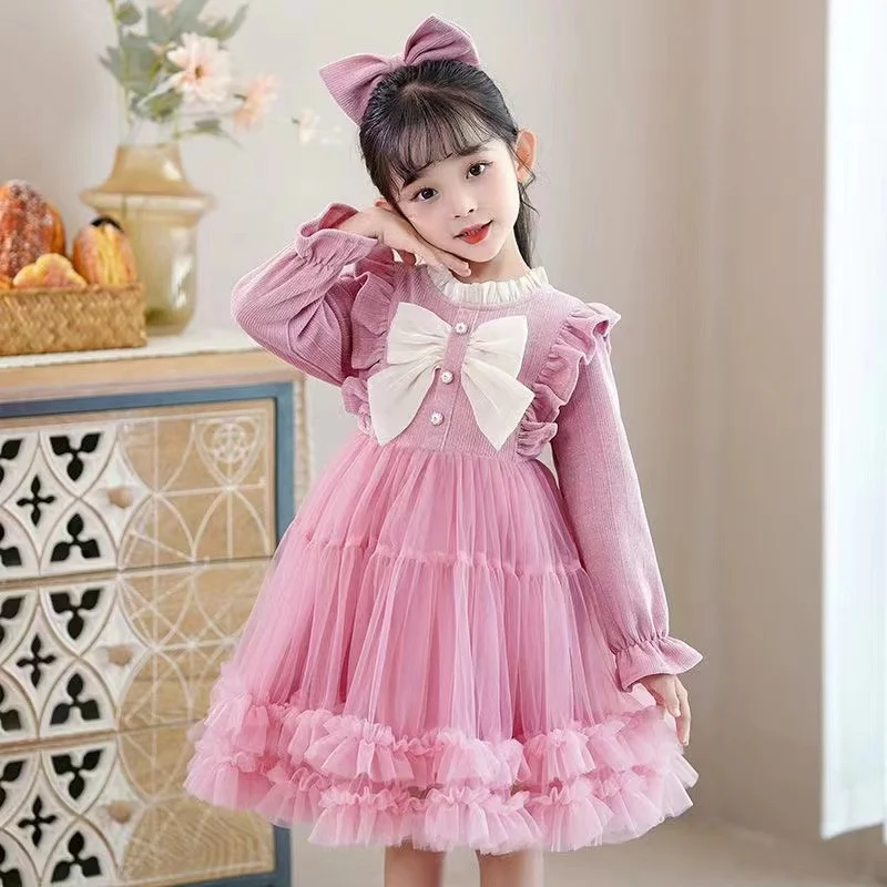 Princess Corduroy Dress Girls Autumn Winter Bow Mesh Gown Children Wedding Birthday Party Tulle Vestidos Kids Fashion Clothing