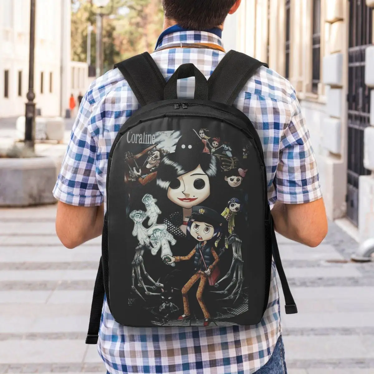 Custom Coraline & The Secret Door Movie Film Figure Backpack for Women Men School College Student Bookbag 15 Inch Laptop Bags