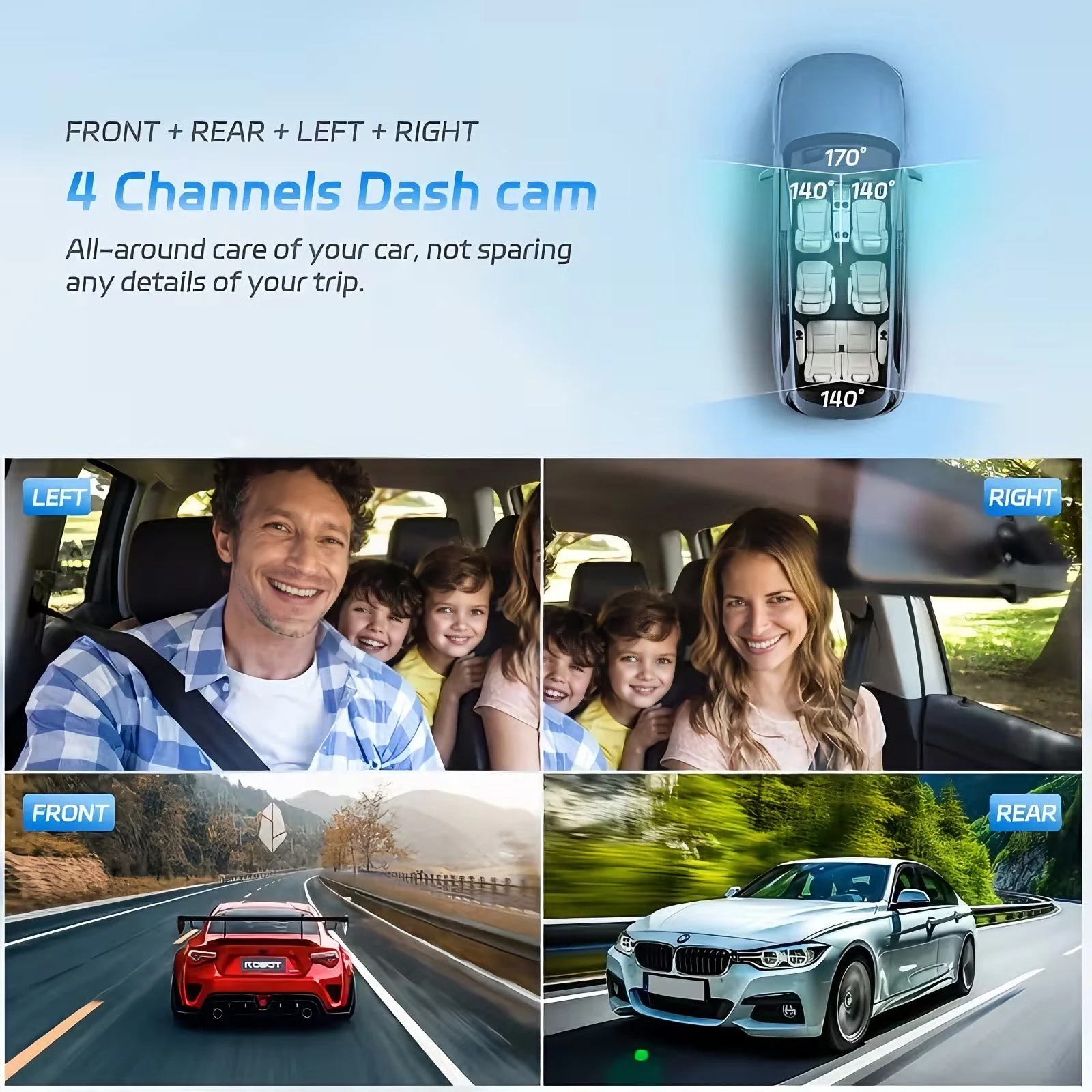 كاميرا داش لكاميرا السيارة 360 °   أمامي وخلفي داخل يسار يمين 3/4 قناة للرؤية الليلية وضع وقوف السيارات على مدار 24 ساعة تسجيل كاميرا داشكام