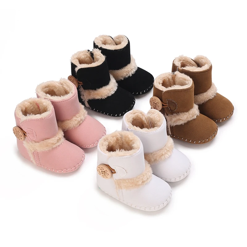 Fuzzy Patchwork Surface Snow Boots, Soft Sole, Anti-Skid, Fecho de Botão, Sapatos para Meninos e Meninas Infantis, Velo, Inverno, 0-18M