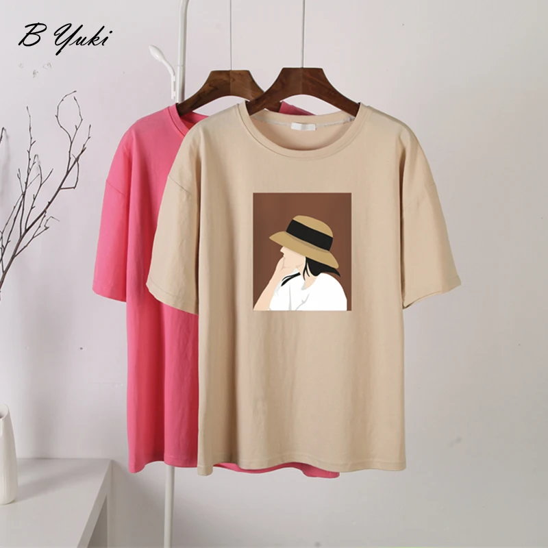 

Blessyuki Kawaii Print T Shirt Women 2022 Summer 100% Cotton Vintage Elegant Graphic Harajuku Clothes Loose Soft Pullover Tops