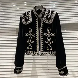 2025 Spring New Designer Beading Pattern Embridery Baroque Style Ladies Court Drill Buckle Weave Velvet Coat Short Black Jacket