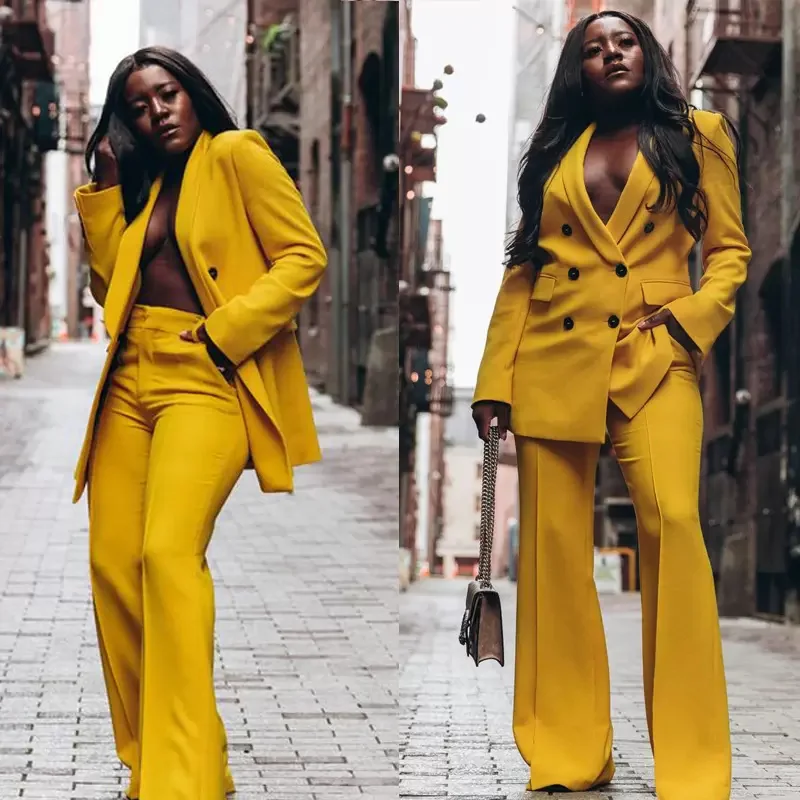 Women\'s Suit Double Breasted Jacket Yellow 2 Piece Loose Blazer Pants Lady Business Workwear Pants Set