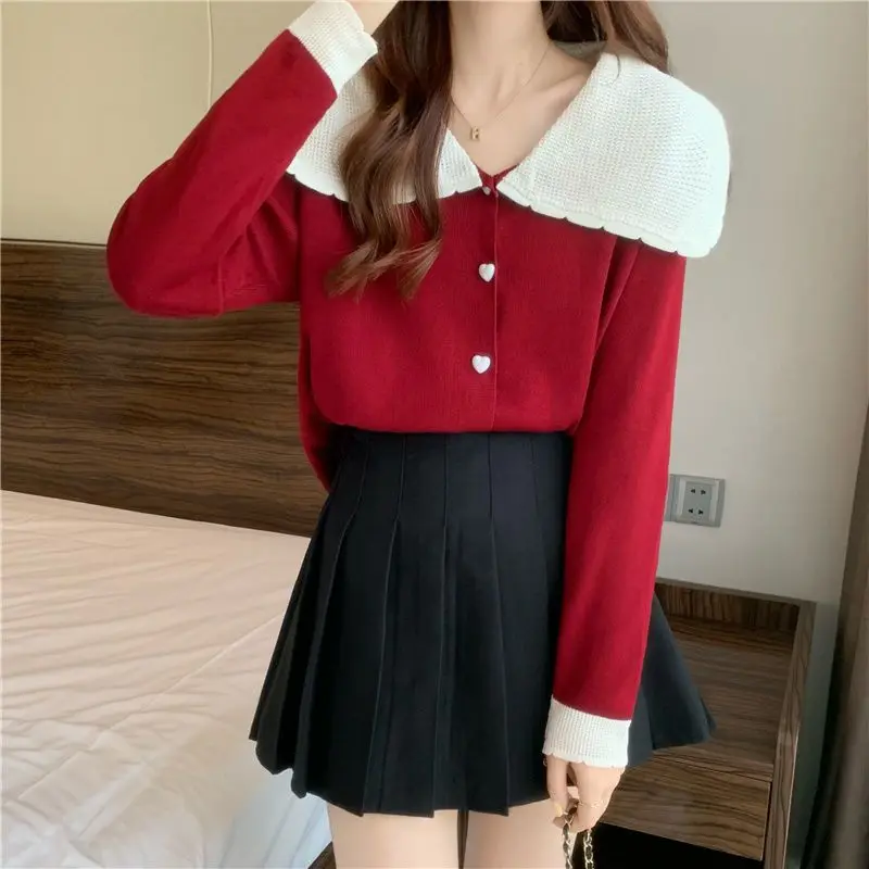 Sweet Contrast Knitting Cardigan Autumn Winter Long Sleeve Loose Youth Korean Short Sweaters Top Fashion Trend Women Clothing