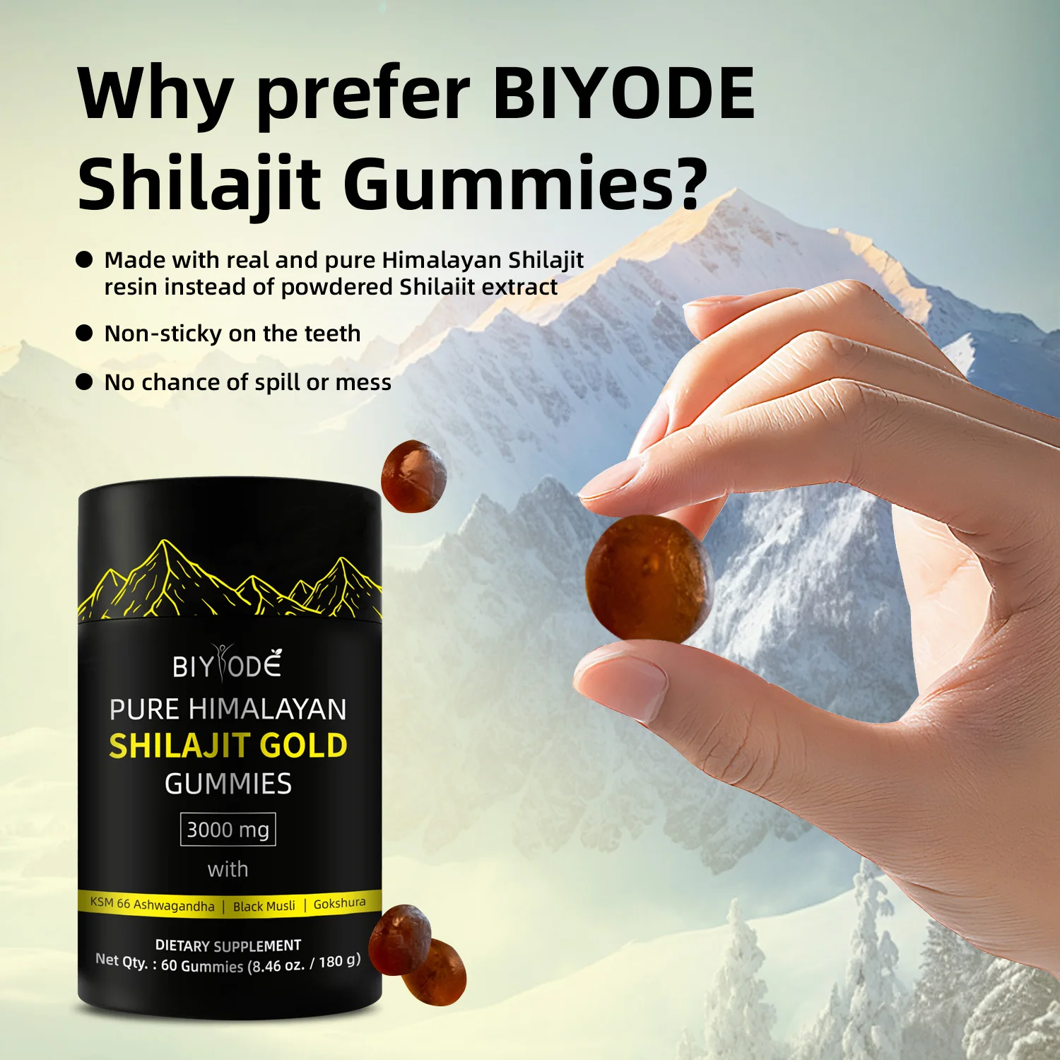 BIYODE 3000mg Pure Himalayan Shilajit Gummies Containing 85+Trace Minerals Supplement Vegetarian Easy Independent Packaging