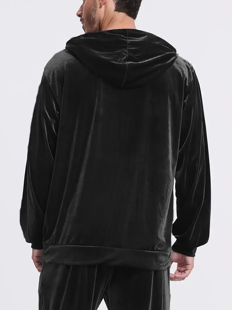 Herren-Trainingsanzug aus Samt in Goldoptik mit Reißverschluss-Hoodie, elastischen Bündchen und Jogginghose, Frühling/Herbst, europäisch-amerikanischer Casual-Stil, zweiteiliges Outfit – Detail 3