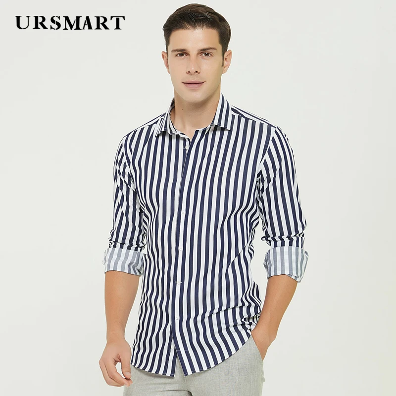 

Costom mens Casual striped square collar retro workplace style long sleeve striped shirt men