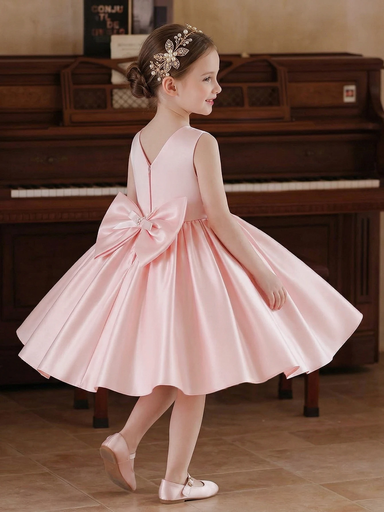 Pink Dress for Kids Girl Bow Knot Sleeveless Elegant Christmas Party Dress Princess Skirt, Birthday,Dance Event,Formal Occasions