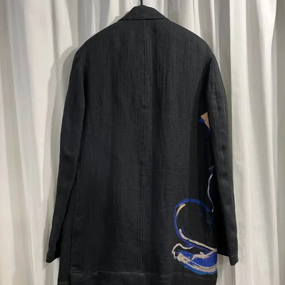 TOP-YAMAMOTO ® Paris Fashion Show Print Linen Suit for Men - Black - Small-Sized Trendy Online Celebrity-Wear Suit