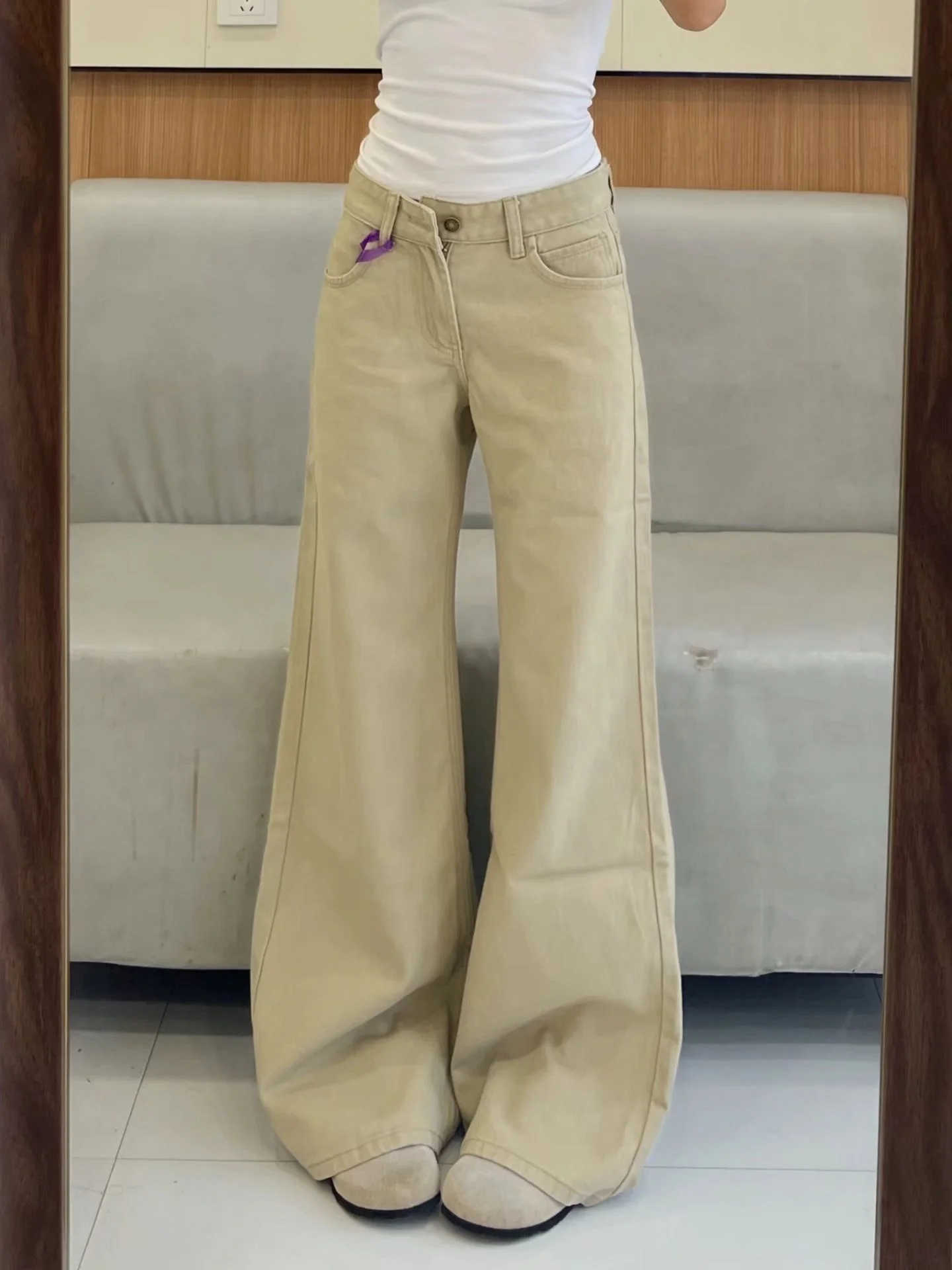 

Джинсовые брюки цвета хаки в американском стиле с низкой талией, женские свободные расклешенные брюки длиной до пола, не облегающие брюки, осенние большие размеры