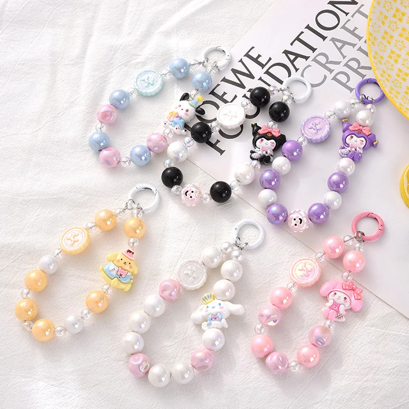 Sanrio Beads Mobile Phone Chain Wrist Strap Keychain Girl Woman Cell Phone Case Fashion Pendant Phone Lanyard With Gasket Patch