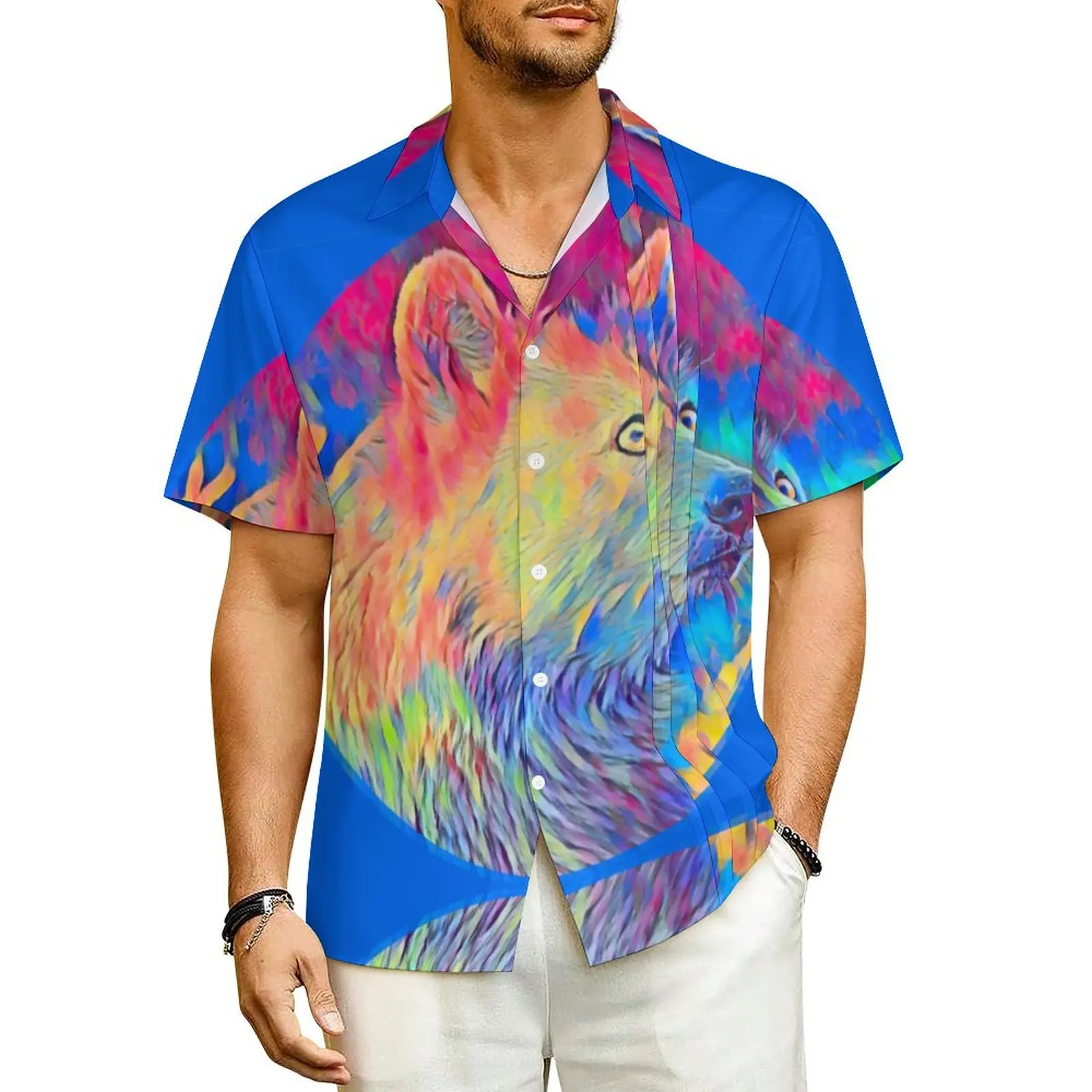 Hawaiian Shirt Beach Wolf Lovers Blouses Colorful Animal Vintage Casual Shirts Men Short-Sleeved Y2K Funny Oversized Tops