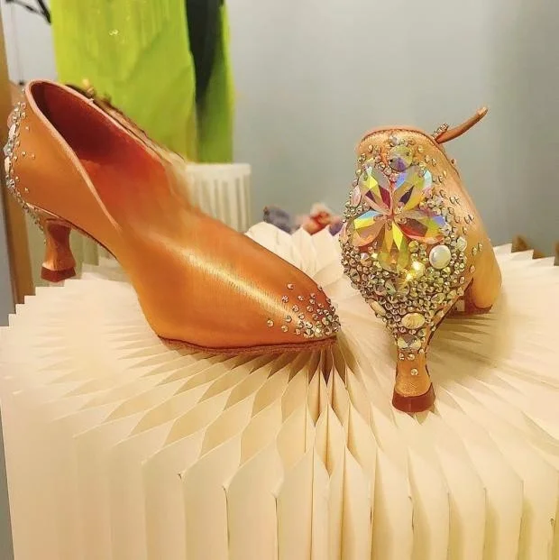 Modern Dance Shoes with Embedded Diamonds Satin Soft Bottom for Competitions And Social Dancing in Skin Color by WuYi Sha