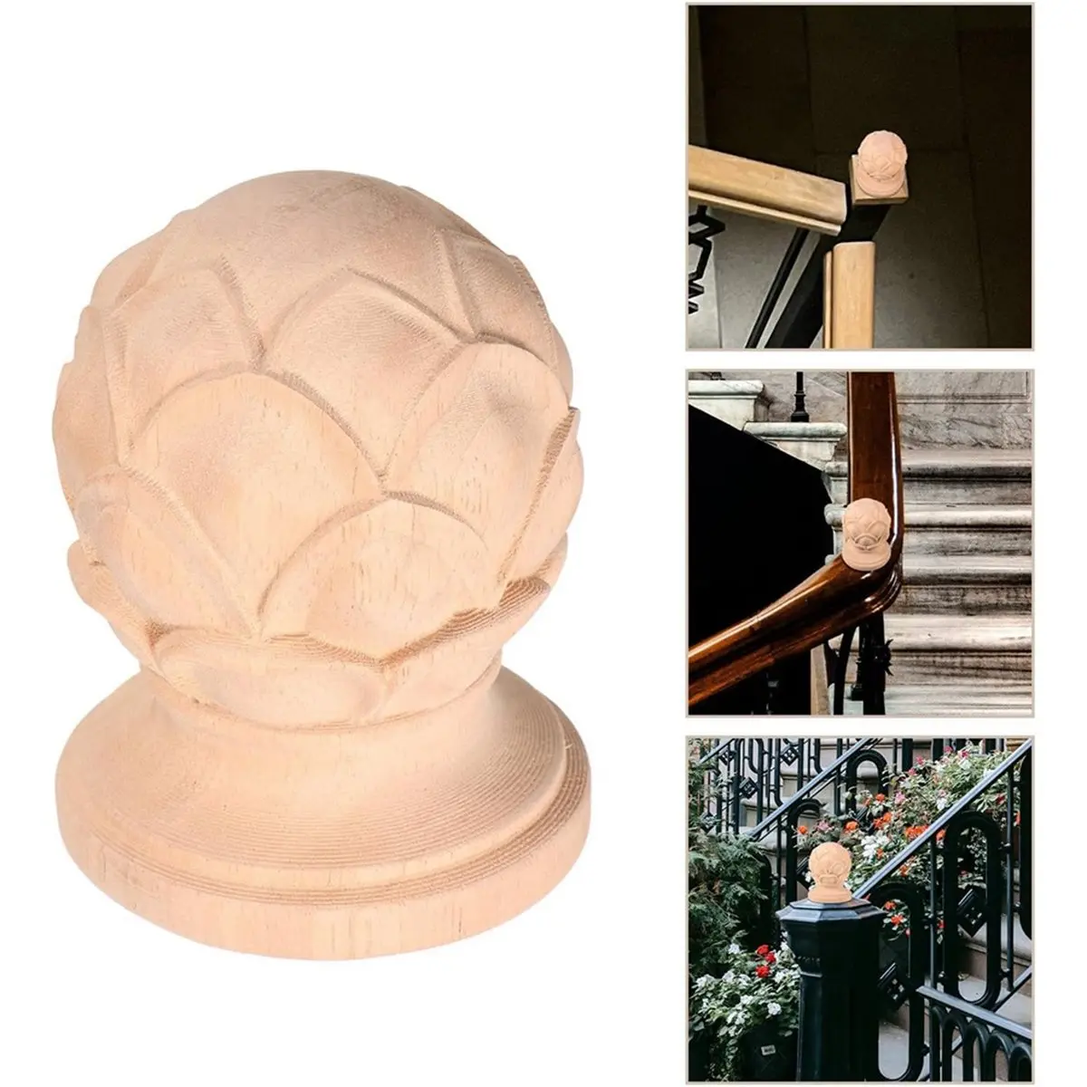 belong Wood Finial Ornaments Solid Wood Staircase Finial Top Decorative Handrail Post Topper for Interior Stair Parts 8x10cm