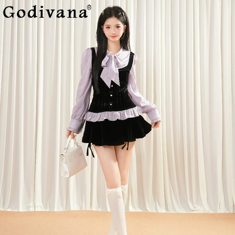 

Women Lolita Style Outfits Purple Patchwork Velvet Shirt High Waist Pleated Short Skirt Two Piece Set Female Japanese Skirt Suit